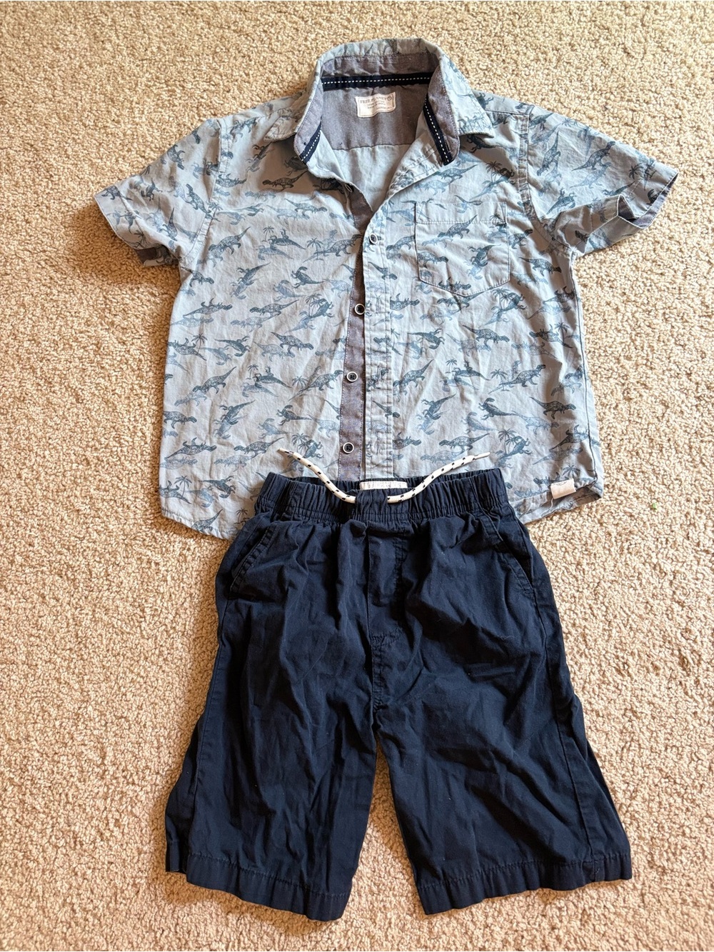 Light Blue Short-Sleeve Button Shirt with Navy Dino Print